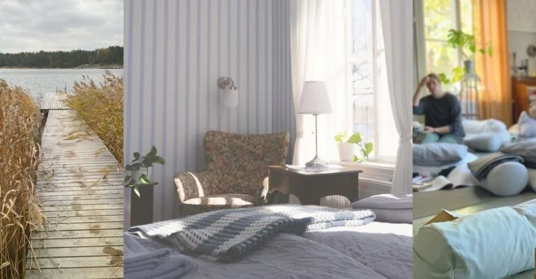 A collage of three images: a lakeside dock amidst reeds, a cozy bedroom with striped wallpaper, and a person relaxing on a bed in a lit room.