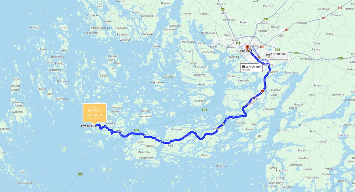 A map showing a driving route from Hotel Hippies to an unnamed destination, with an estimated travel time of about 2 hours and 35 minutes. The map includes sea and land areas with various place names.