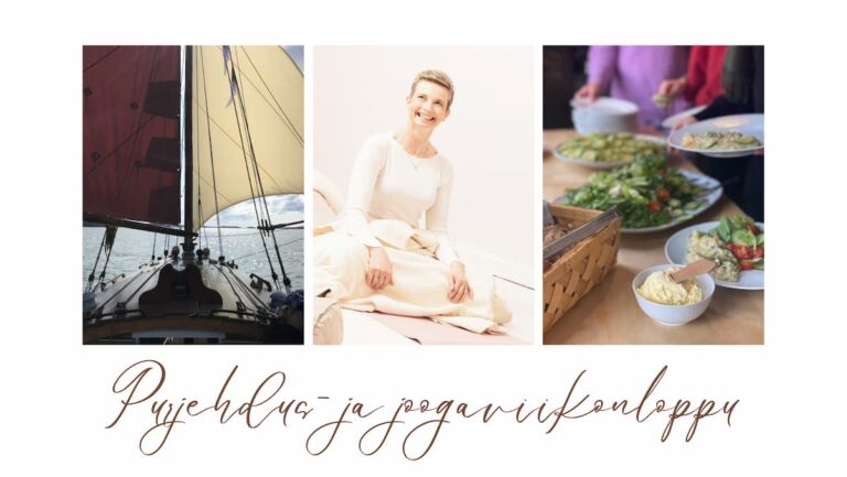 A collage with images of a boat's sails, a person smiling while seated, and a table with food, titled in Finnish, "Purjehdus- ja joogaviikonloppu.