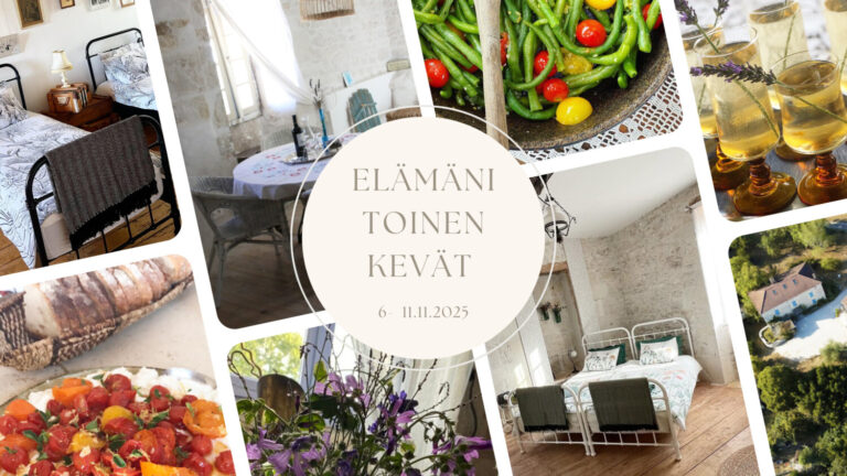 A collage featuring a rustic interior, vibrant dishes, beverages, and floral arrangements with the text "Elämäni Toinen Kevät" and dates "6-11.11.2025".