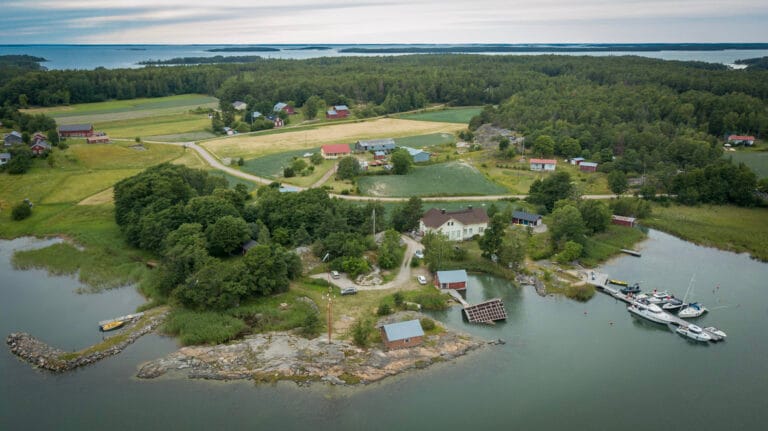 Aerial view of a coastal rural area with houses, a small harbor with boats, fields, and dense forest, bordered by water.